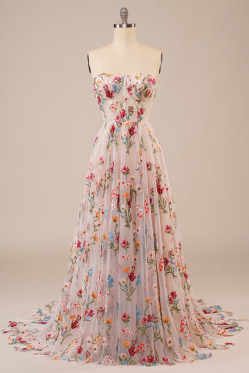 Tulle Strapless Sweep Train Ivory Long Wedding Dress with Embroidery